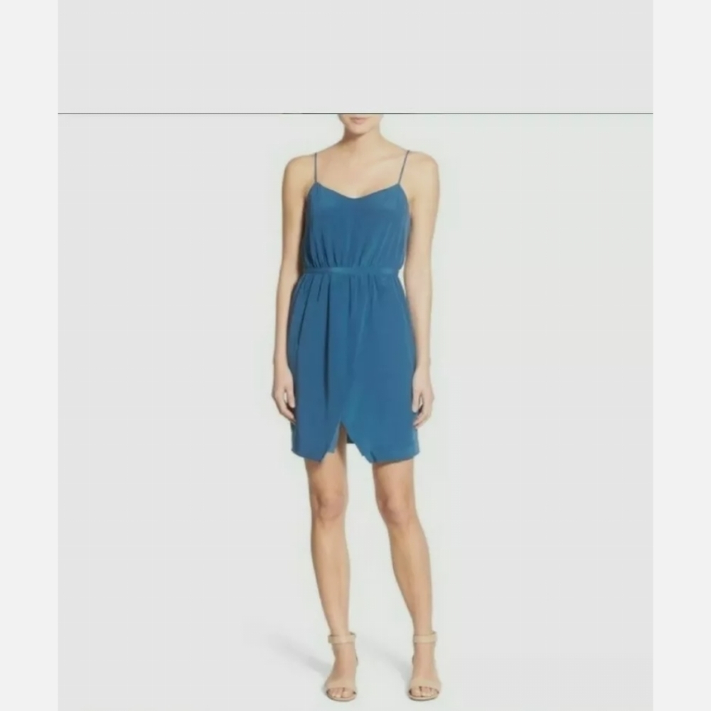 Madewell Silk Tulip Hem mini dress spaghetti straps. Peacock Blue Size 10